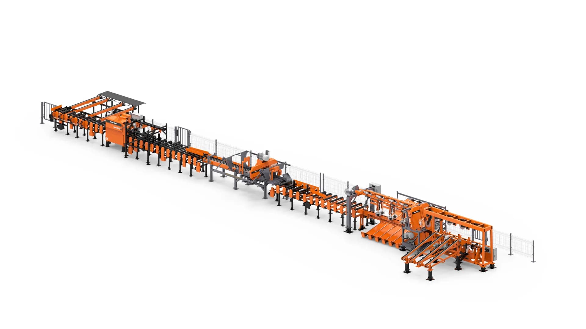 Render of a long Wood-Mizer pallet line with twin vertical saw, gang saw, resaw and conveyors