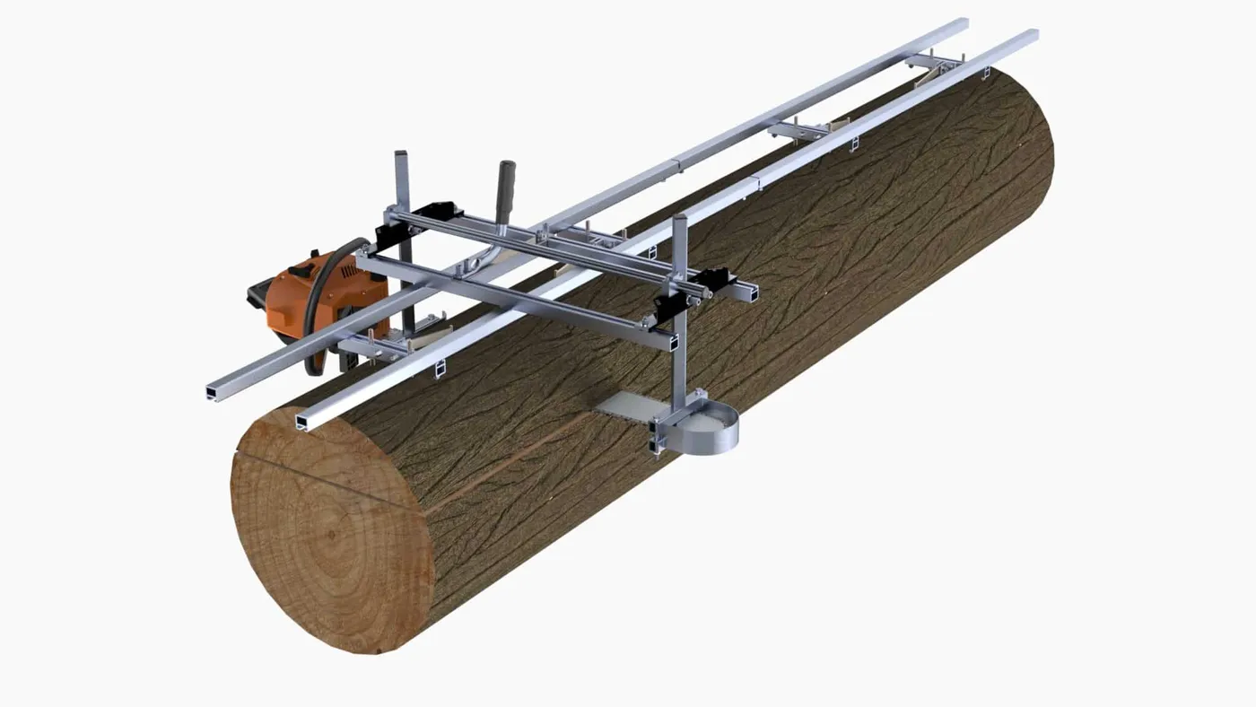 Granberg rendering of an Alaskan mill riding on EZ-Rail guide rails along the top of a log