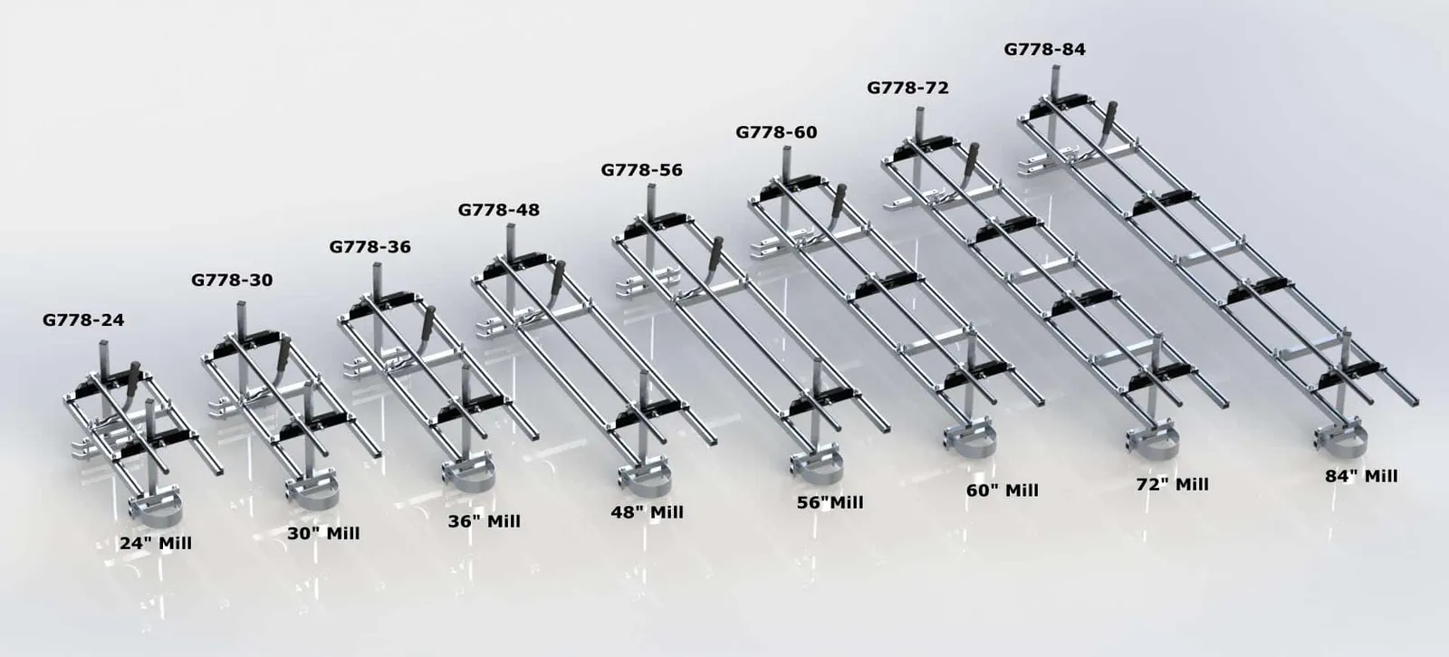 Granberg rendering of the eight Alaskan MKIV mill sizes, 24 in to 84 in, in a row