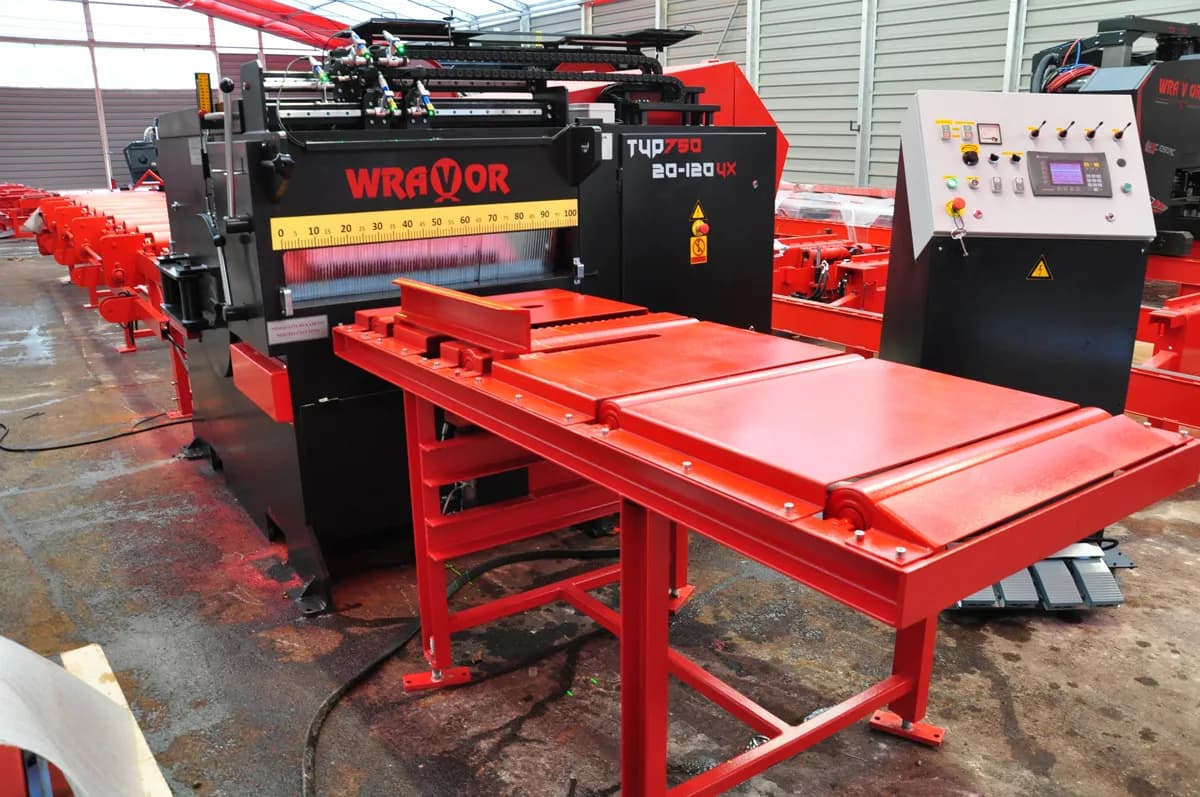 Wravor Type 750 20-120 edger with red infeed table and operator console in a workshop