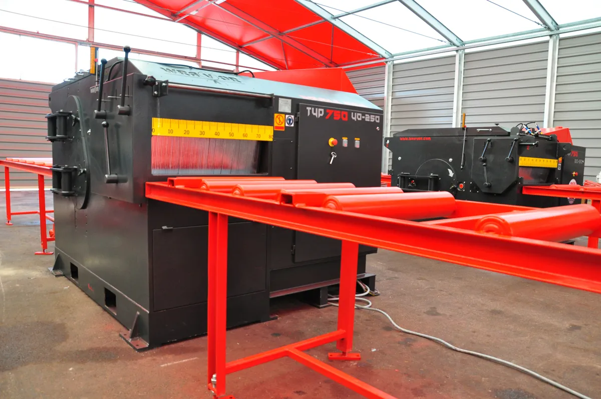 Wravor Type 750 40-250 double-arbor edger with a long red roller table