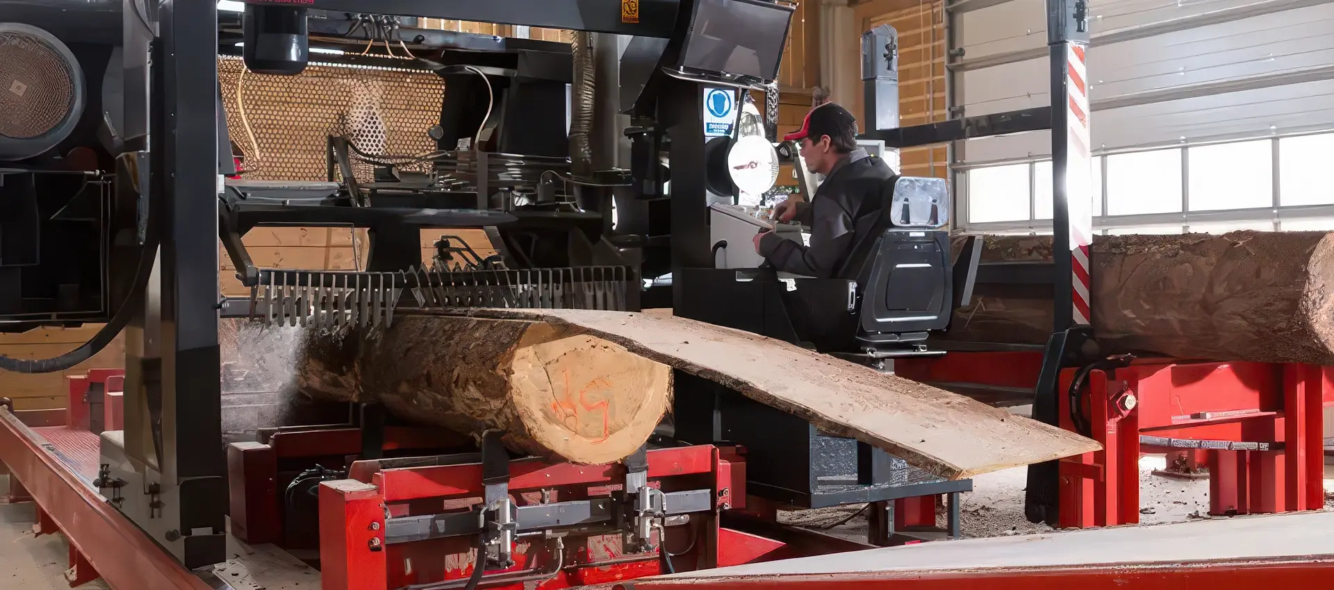 Wravor horizontal bandsaw cutting a log in a production facility