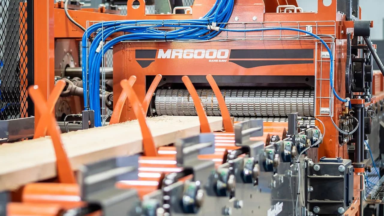 Boards feeding into a Wood-Mizer MR6000 multirip in a mill