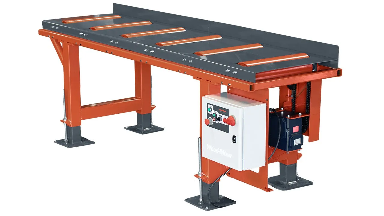 Wood-Mizer powered roll case conveyor with control box, studio render