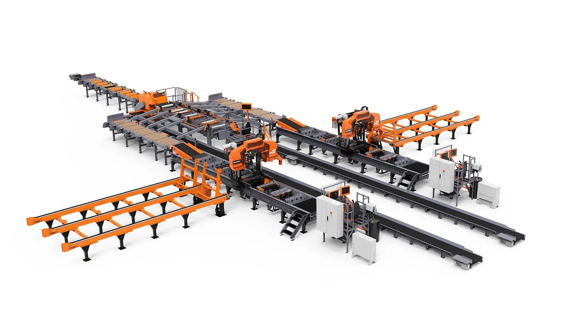 Render of a Wood-Mizer sawmill line with headrig, cross transfer decks and conveyors