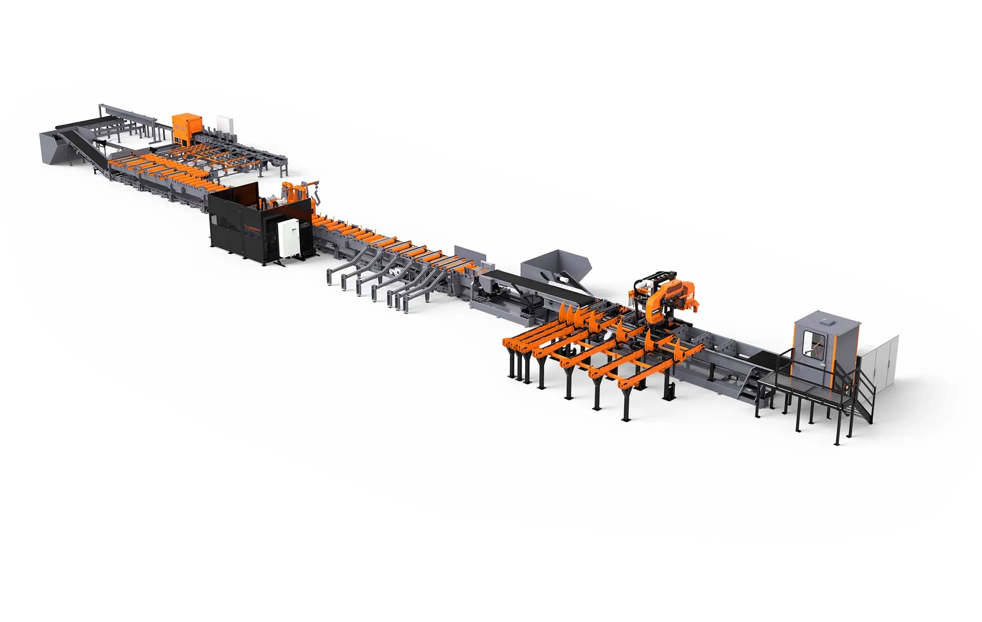 Render of a long Wood-Mizer processing line with operator cabin and conveyors