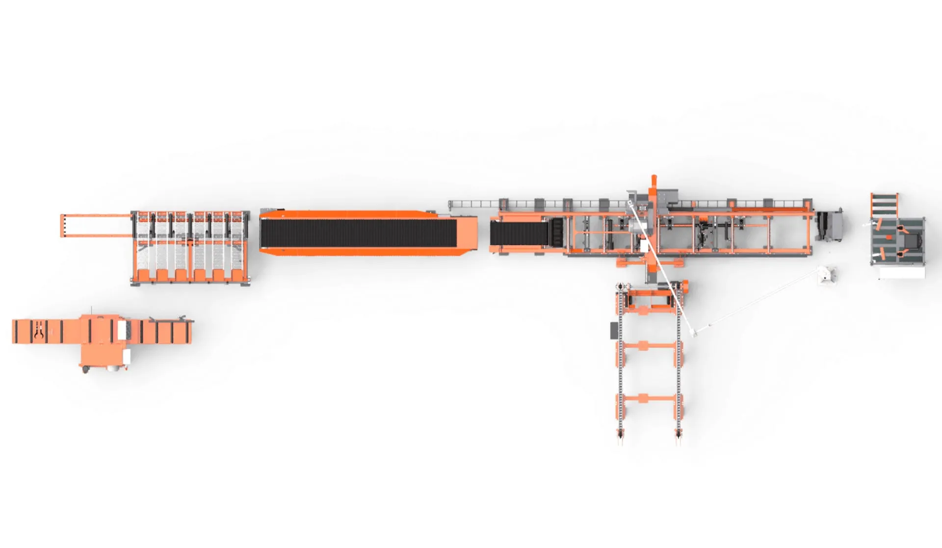 Top-view render of a Wood-Mizer WM4500 system line with conveyors and operator cab