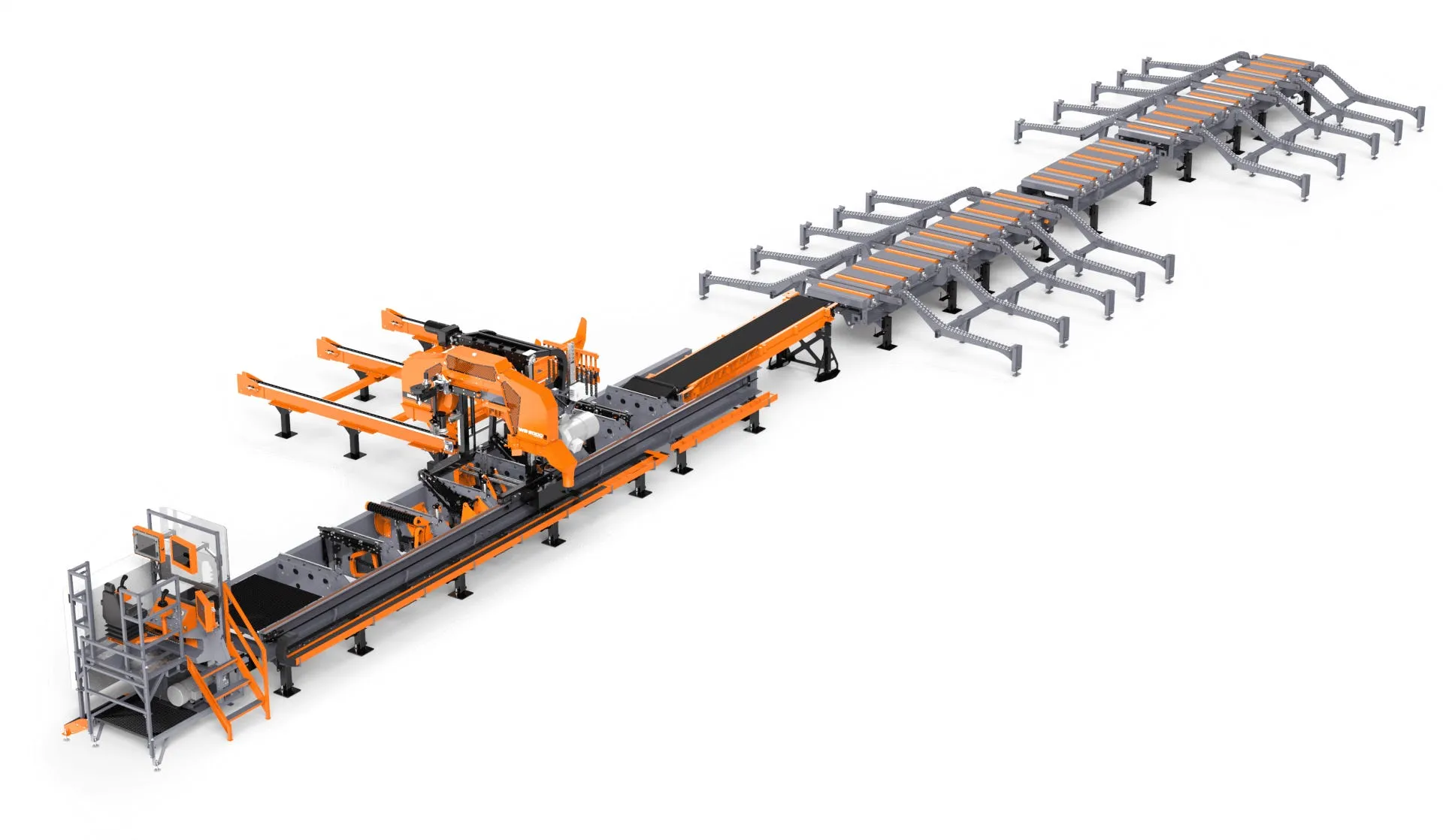 Render of a Wood-Mizer wideband headrig line with log deck and long transfer deck