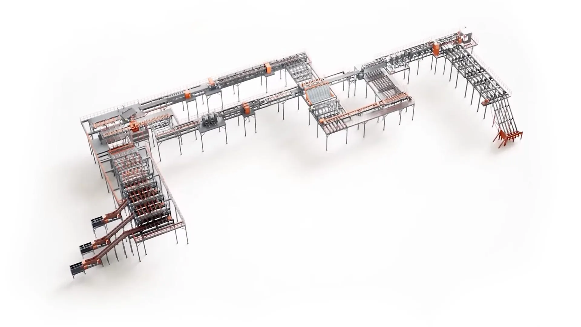 Outline render of a multi-level Wood-Mizer small-log processing line