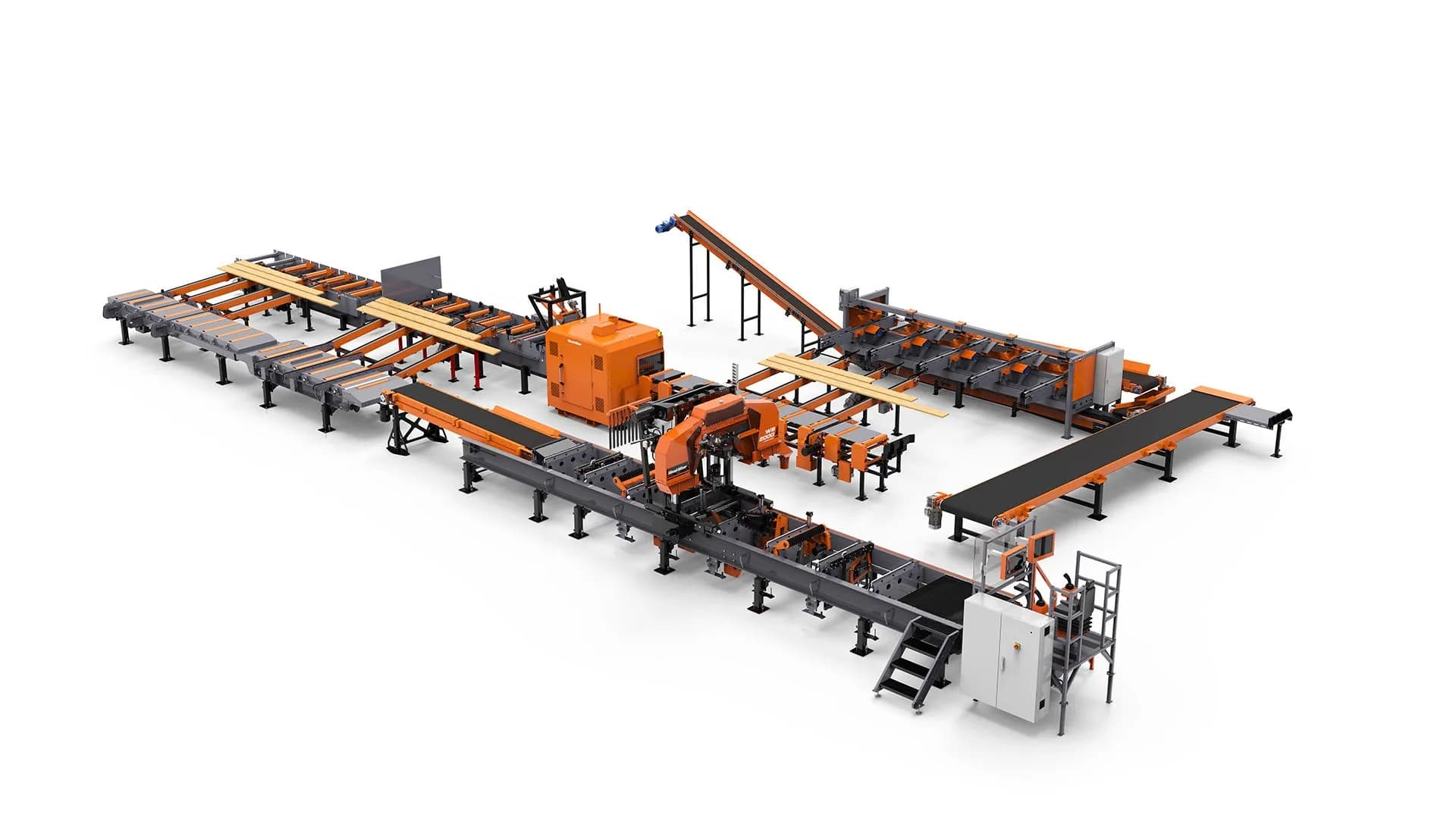 Render of a Wood-Mizer WM5500 line with conveyors and cross decks